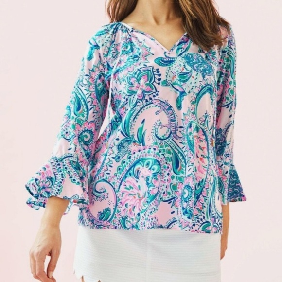Lilly Pulitzer Womens Willa Flounce Sleeve Top Size XXS Pink Blue Tropical Print - Picture 2 of 11